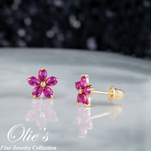 Ruby Flower 14k Gold Screw Back Earrings for Toddlers Children Women - Dainty Red CZ Floral Studs for Girls, Perfect Gift Idea for Family