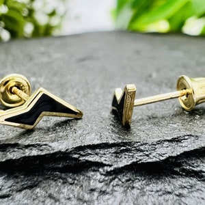 Thunderbolt Earrings - 14k Solid Gold Lightning Bolt Black Onyx Stud Earrings, Minimalist Stacking, Trendy Earrings, Perfect Gift for Her