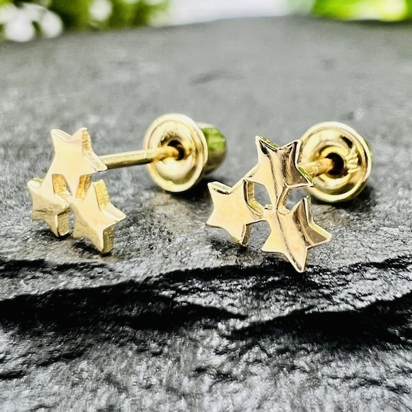 3  Stars Stud Earrings - 14k Solid Gold Three Stars Earring Stud Screw Back, Cute Celestial Midnight Stars Women and Children Stud Earrings