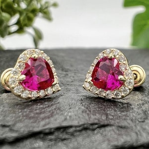 14k Solid Yellow Gold Ruby Heart Stud Earrings with Screwback - Halo Heart Earring, July Birthmonth Earring, Womens Birthstone Stud Earrings
