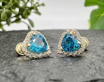 14k Solid Yellow Gold Blue Topaz Heart Stud Earring Screwback - Kids Earring Stud,December Birthmonth Earring, Blue Topaz Birthstone Earring