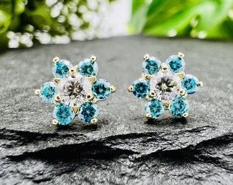 14k Solid Yellow Gold Blue Topaz Flower Stud Earrings - Earrings for Mom Women, December Birthstone Floral Studs Screw Back Mothers Day Gift
