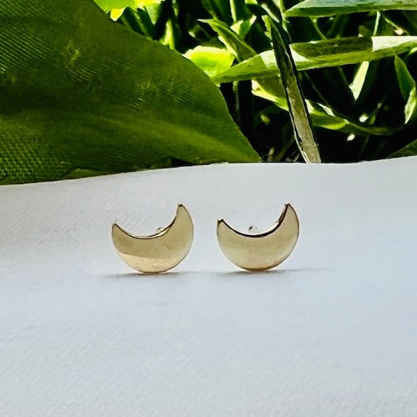 14k Solid Yellow Gold Half Moon Tiny Stud Earrings - Dainty & Minimalist, Birthday Gift For Teens, Plain Crescent Celestial Jewelry