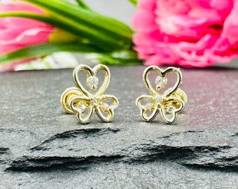 REAL SOLID 14K Yellow Gold nugget Heart, circle, and clover earrings push back style Womens and little girls
