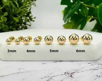 14k Solid Yellow Gold Ball Stud Earrings with Screw Backing 3mm, 4mm, 5mm, 6mm, Plain Minimalist Round Ball Earring Studs for Children Women