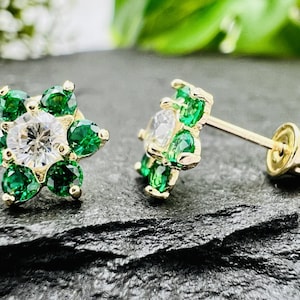 May Birthstone Flower Stud Earrings, 14k Solid Yellow Gold Studs with Screw Back - Emerald Floral Earrings Studs, Dainty Earrings for Women