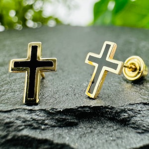 Cross Stud Earrings - 14k Solid Yellow Gold Religious Earrings, Tiny Flat Genuine Black Onyx Stone Inlay Cross Earrings Stud Screw Back