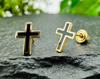 Cross Stud Earrings - 14k Solid Yellow Gold Religious Earrings, Tiny Flat Genuine Black Onyx Stone Inlay Cross Earrings Stud Screw Back