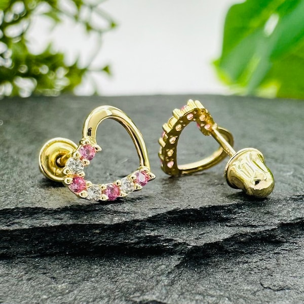 Pink and Clear CZ Open Heart Stud Earrings for Girls Women, Dainty 14K Yellow Gold Heart Earrings for Daughter Granddaughter, Birthday Gift