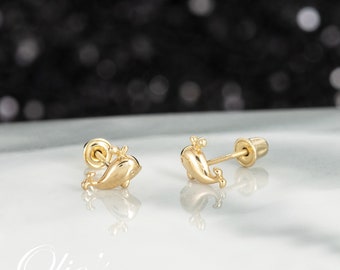 Gold Whale Earrings, 14k Yellow Gold Screwback Sea Animal Stud, Sea Life Earrings, Gift for Ocean Lovers Marine Biologist