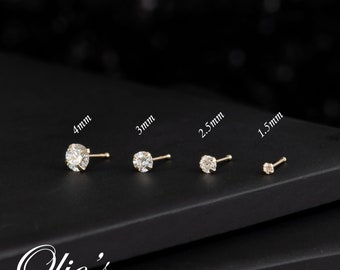 Dainty Solid 14k Yellow Gold CZ Nose Ring, Ball End Round CZ Nose Stud, Clear CZ Nose Piercing, Gold Body Jewelry Nose Bone Gold Nose Stud