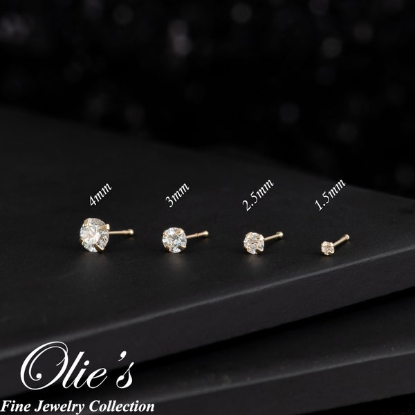 Dainty Solid 14k Yellow Gold CZ Nose Ring, Ball End Round CZ Nose Stud, Clear CZ Nose Piercing, Gold Body Jewelry Nose Bone Gold Nose Stud