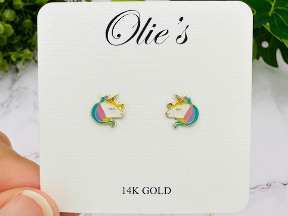Gold Unicorn Earrings for Girls - 14K Solid Gold Enamel