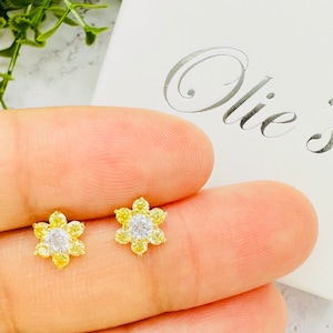 14k Solid Yellow Gold November Birthstone Yellow Topaz Flower Stud Earrings, Earrings for Girls, Floral Studs Screw Back Kids Birthday Gift