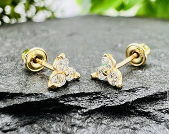 3 Stone Earrings - 14K Solid Yellow Gold Three Dainty Trio Stud Earring, Trinity Three Stone Earring, Cartilage Helix Piercing, Screw Back