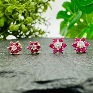Ruby Flower 14k Gold Screw Back Earrings for Toddlers Children Women - Minimalist Everyday Jewelry, Dainty Red CZ Floral Studs for Girls