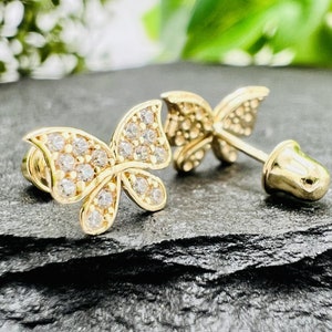 Gold Butterfly Stud Earrings with Screw Back for Girls - Minimalist Butterfly CZ Earrings, 14k Solid Gold Butterfly Earrings, Gift for Her