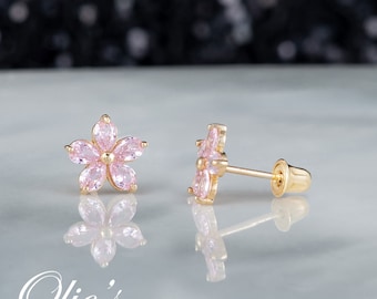 Pink Flower 14k Gold Screw Back Earrings for Girls Children Women - Dainty Pink CZ Floral Studs for Toddlers, Minimalist Everyday Earrings