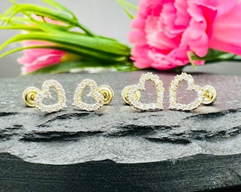 14k Solid Gold Heart CZ Stud Earrings, Dainty Gold Heart Shape Earrings for Girls Women, Love Heart Earring Studs with Screw Back, Gift