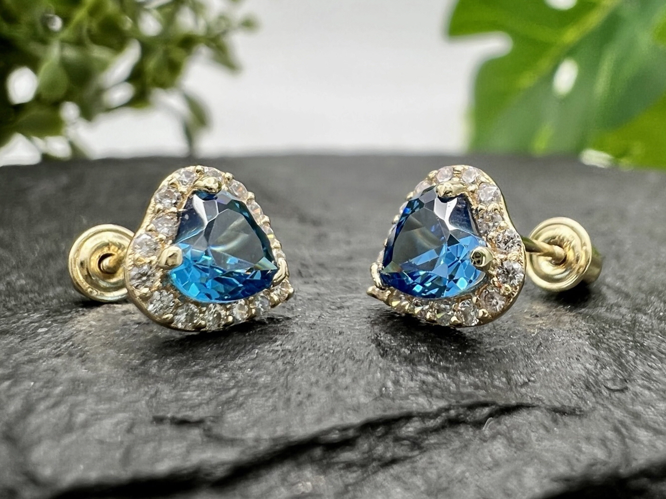 Blue Sapphire Heart Earring - 14k Real Gold Girls Women Birthstone Stud Earring, September Birthmonth CZ Gemstone, Heart Safety Screwback
