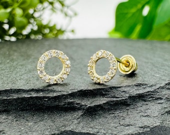 14k Solid Gold Circle CZ Stud Earrings, Minimalist Dainty Screw Back Studs, Simple Gold Stud Earrings Gift for Her