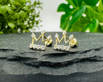 14k Sold Gold Crown Stud Earrings, Royal Inspired Earrings, Birthday Gift for Her, Cz Tiara Screw back
