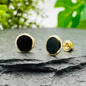 Black Circle Earring - 14K Gold Black Onyx Circle Earrings Stud, Border Round Circle Stud Earring, Genuine Black Onyx Womens with Screw Back