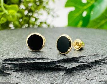 Black Circle Earring - 14K Gold Black Onyx Circle Earrings Stud, Border Round Circle Stud Earring, Genuine Black Onyx Womens with Screw Back