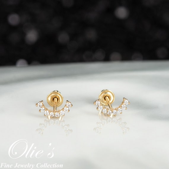 14k Solid Yellow Gold Ear Climber Stud Earrings with CZ - Dainty Ear Crawler, Cluster Earrings Pierced, Jewelry Gift For Mom