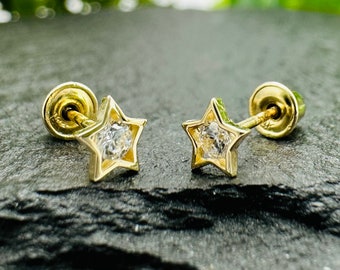 14K Solid Gold Star Earrings, Minimalist Tiny Studs, Geometric Everyday Helix Cartilage Piercing, Celestial Jewelry Birthday Gift