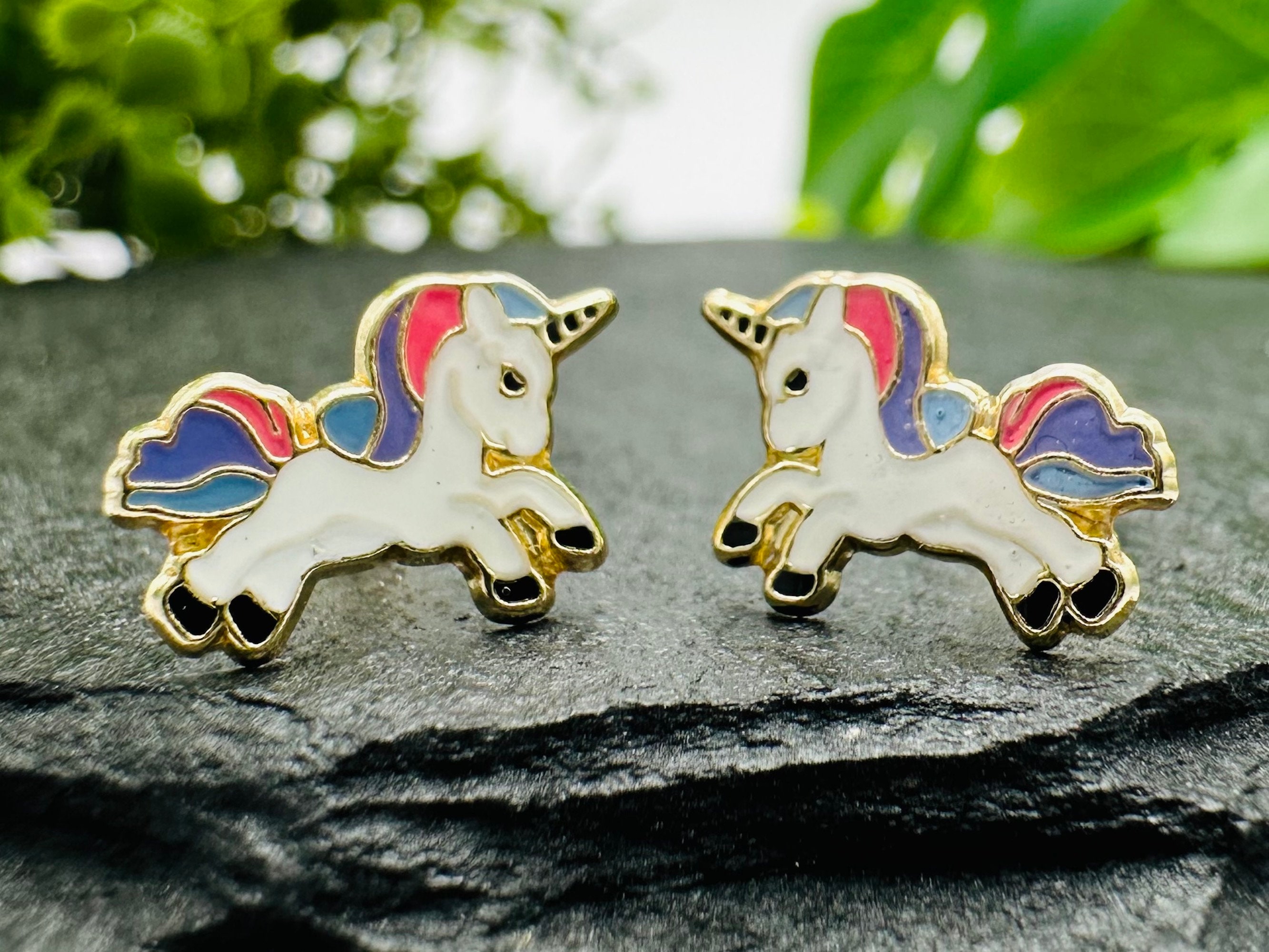 14k Yellow Gold Colorful Rainbow Enamel Unicorn Screw Back Earrings for  Girls