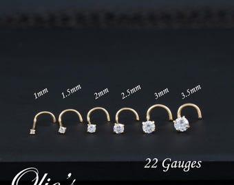 22G 14k Solid Gold Tiny Cz Nose Stud, Corkscrew Nose Stud, Nose Piercing, Prong Cz Small Nose Stud, Gift for Her