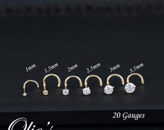 14k Solid Gold 20G Nose Screw CZ Stud, Nose Gem 1mm 1.5mm 2mm 2.5mm 3mm 3.5mm, Nose Piercing, Nose Jewelry, Tiny Nose Stud