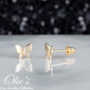 14k Solid Yellow Gold Enchanted Plain Butterfly Stud Earrings with Screwback - Real Gold Dainty Butterfly Jewelry, Butterfly Wing Studs