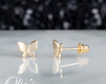 14k Solid Yellow Gold Enchanted Plain Butterfly Stud Earrings with Screwback - Real Gold Dainty Butterfly Jewelry, Butterfly Wing Studs