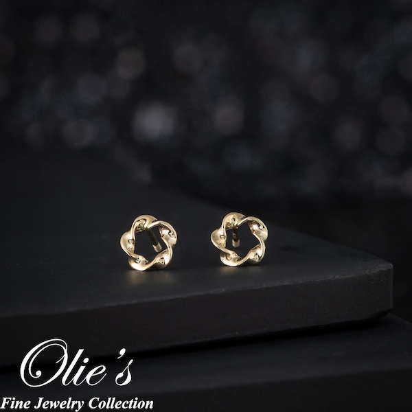 14k Solid Yellow Gold Twisted Flower Stud Earrings, Open Floral Studs for Women & Girls, Everyday Jewelry Gift