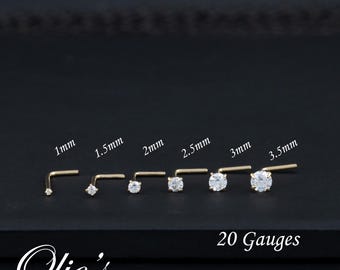 14k Solid Gold Tiny Cz Nose Stud, L Shape & Corkscrew Nose Stud, Cz Small Nose Stud, Nose Piercing, Unisex Nose Stud