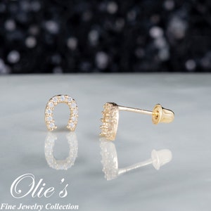 Dainty Horseshoe Earrings - 14k Solid Gold Stud Earring with Screw Back, Horse Lover Gift, Lucky Horse Shoe, Good Luck Charms  Earrings