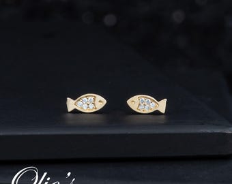 Tiny Fish Stud Earrings, Minimalist Earrings, 14k Solid Gold, Sea Life Jewelry, Nautical Earrings Screw Back