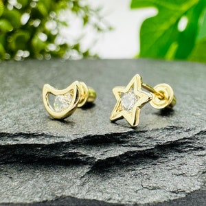14K Yellow Gold Moon and Star Earrings, Star and Moon Studs Girls Earrings, Dainty Mismatched Celestial Studs Screw Back Earring Women Studs