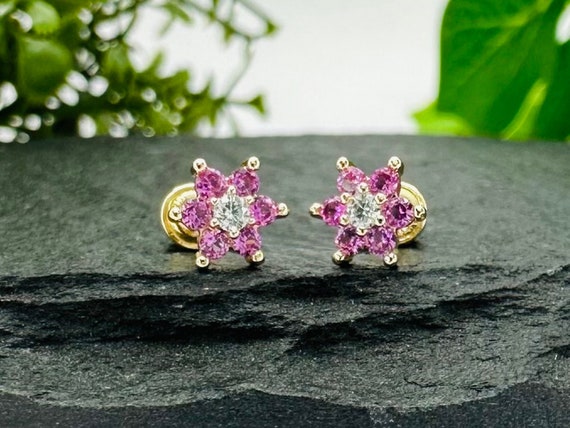 Pink Flower 14k Gold Screw Back Earrings for Girls Children Women Dainty  Pink CZ Floral Studs for Toddlers, Minimalist Everyday Jewelry 