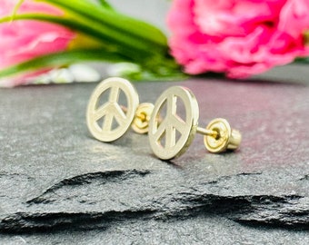 14k Solid Gold Peace Sign Stud Earrings with Screwback for Girls and Women, Symbol of Harmony, Boho Earrings, Everyday Studs, Gift for Mom