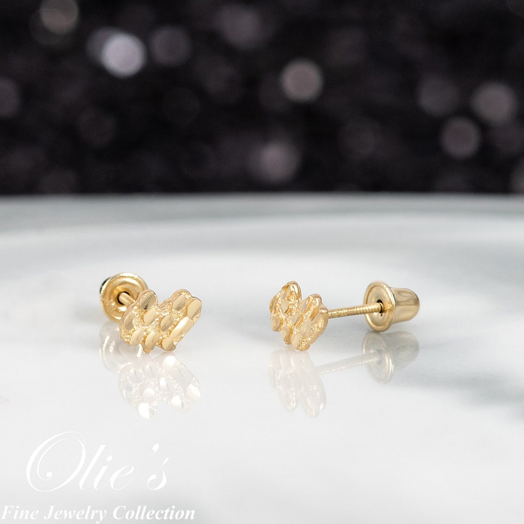 Real 10K Yellow Gold Round Diamond Cut Nugget Stud Earrings 15mm – bhj