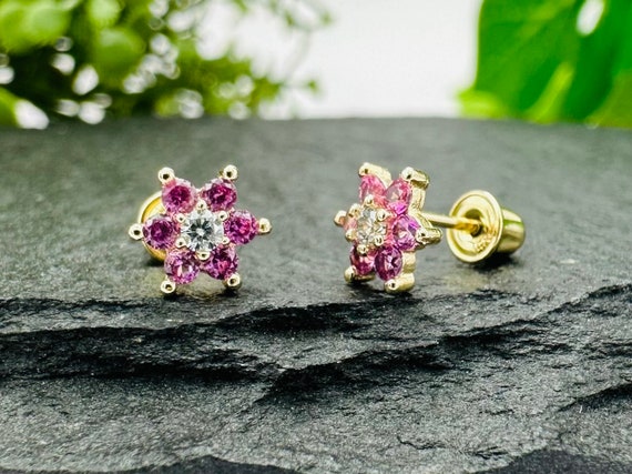 Pink Flower 14K Gold Screw Back Earrings for Girls Children Women - Dainty Pink CZ Floral Studs for Toddlers, Minimalist Everyday Jewelry