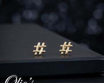 14k Solid Gold Hashtag Stud Earrings, Minimalist Number Symbol Whimsical Earrings, Women's Unique Earrings, Birthday Gift for Her