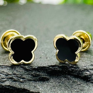 Clover Earrings 14k Solid Yellow Gold Dainty Flower Stud Earrings, Black Onyx Gemstone Inlay Floral Stud with ScrewBack, Gift for Her