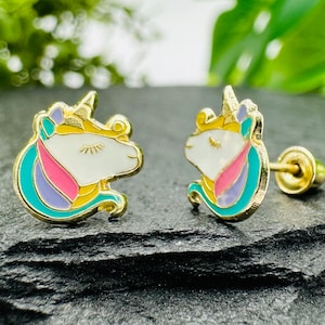 Gold Unicorn Earrings for Girls - 14K Solid Gold Enamel Unicorn Earrings Stud Screw Back, Colorful Magical Unicorns Earrings, Birthday Gift