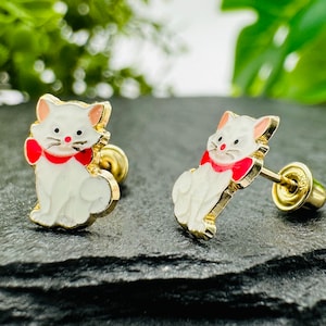 Cat Stud Earring - 14K Solid Gold Kitty Stud Earrings Screw Back, Gift for Girls Teens, Animal Kitten Earrings, Perfect Gift for Cat Lovers