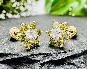 Flower Stud Earrings, 14k Solid Yellow Gold Earrings - August Birthstone Earrings for Children Women, Peridot Cz Floral Studs Screw Back