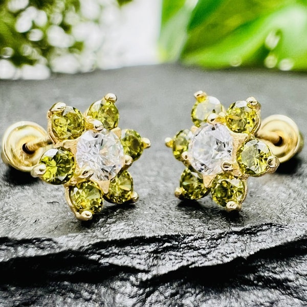 Flower Stud Earrings, 14k Solid Yellow Gold Earrings - August Birthstone Earrings for Children Women, Peridot Cz Floral Studs Screw Back